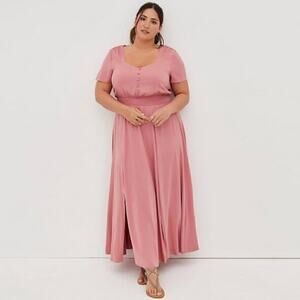 Torrid Half Button Short Sleeve Front Split Maxi Dress Size 6X NWT Peach